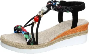 Womens Flat Sandals Dressy Summer Jeweled Bohemian Sandal Elastic Ankle Strap Espadrilles Comfort Walking Shoes