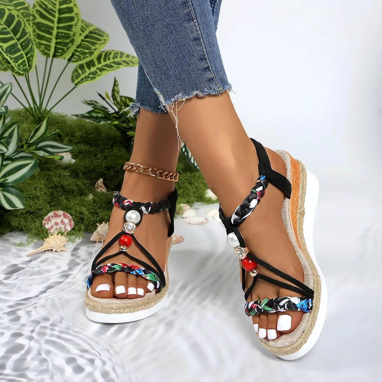 Womens Flat Sandals Dressy Summer Jeweled Bohemian Sandal Elastic Ankle Strap Espadrilles Comfort Walking Shoes