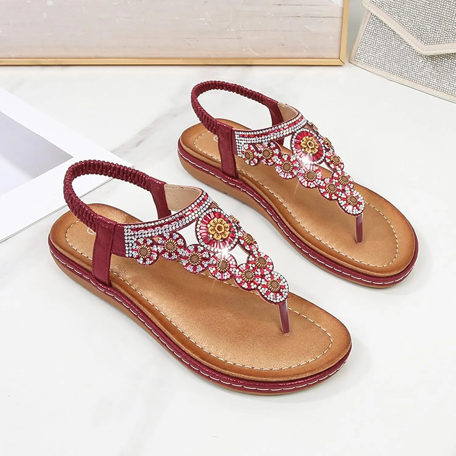 Womens Flip Flops Dressy Boho Flat Sandals Summer Flower Sandals Elastic Ankle Strap Sandals Casual Walking Shoes