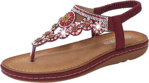 Womens Flip Flops Dressy Boho Flat Sandals Summer Flower Sandals Elastic Ankle Strap Sandals Casual Walking Shoes