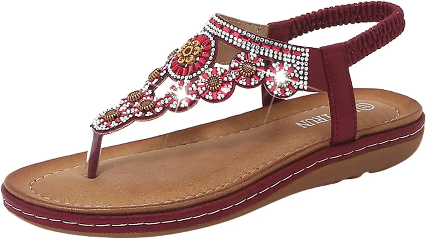 Womens Flip Flops Dressy Boho Flat Sandals Summer Flower Sandals Elastic Ankle Strap Sandals Casual Walking Shoes