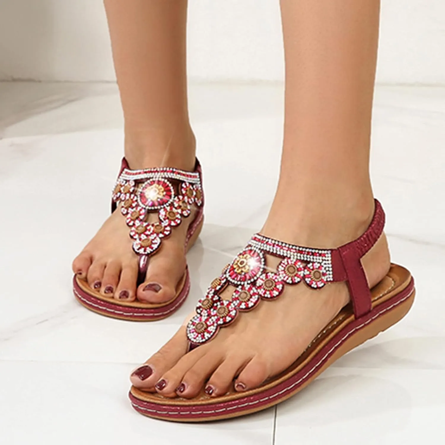 Womens Flip Flops Dressy Boho Flat Sandals Summer Flower Sandals Elastic Ankle Strap Sandals Casual Walking Shoes