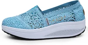 Women's Floral Embroidery Lace Mesh Air Cushion Sneakers,Comfortable Orthopedic Diabetic Walking Toning Shoes Breathable Slip On Platform Loafers Casual Fashion Rocker Shoes