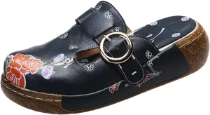 Women's Floral Print Clogs, Buckle Strap Mules, Navy Blue with Orange Flowers, Comfort Slip-On
