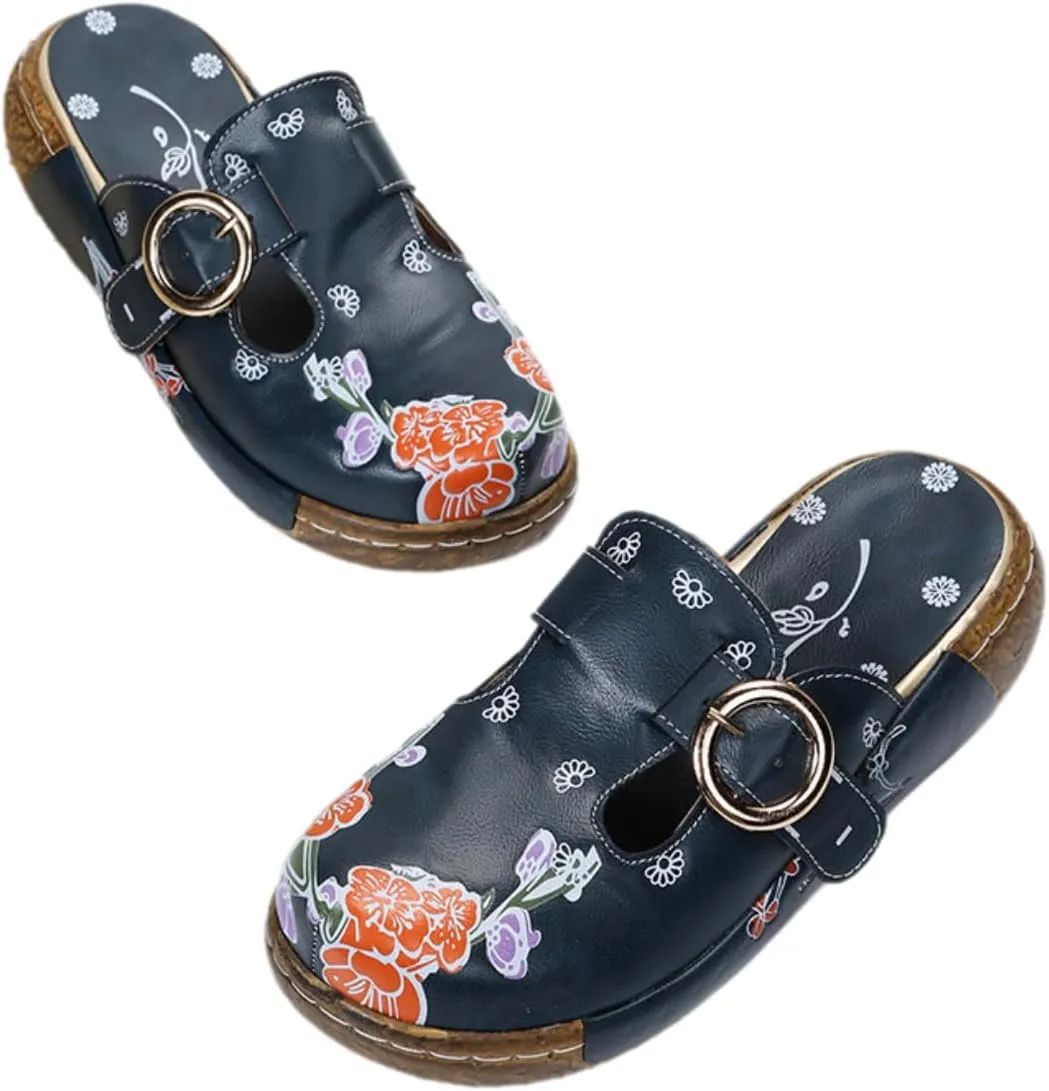 Women's Floral Print Clogs, Buckle Strap Mules, Navy Blue with Orange Flowers, Comfort Slip-On