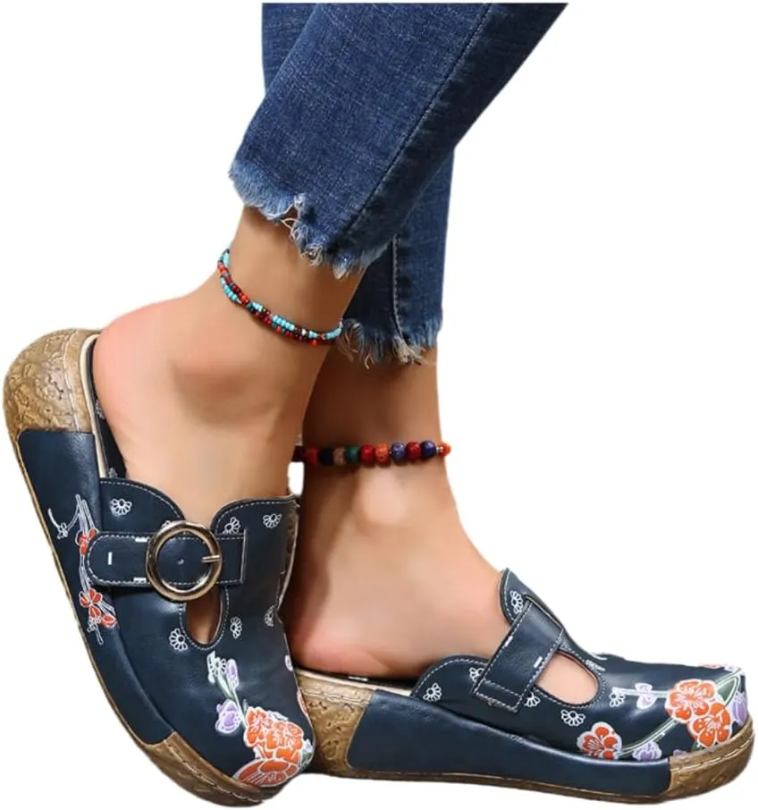 Women's Floral Print Clogs, Buckle Strap Mules, Navy Blue with Orange Flowers, Comfort Slip-On