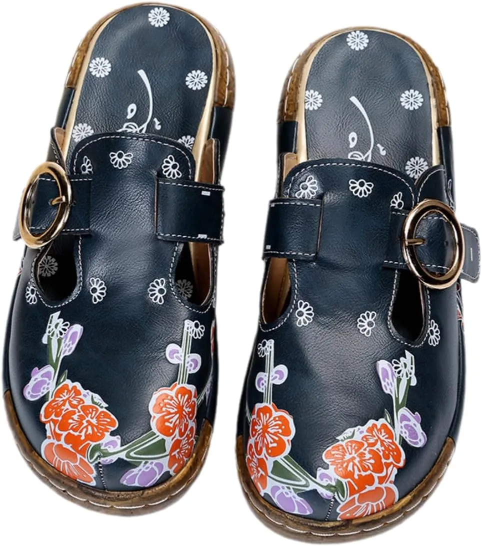 Women's Floral Print Clogs, Buckle Strap Mules, Navy Blue with Orange Flowers, Comfort Slip-On