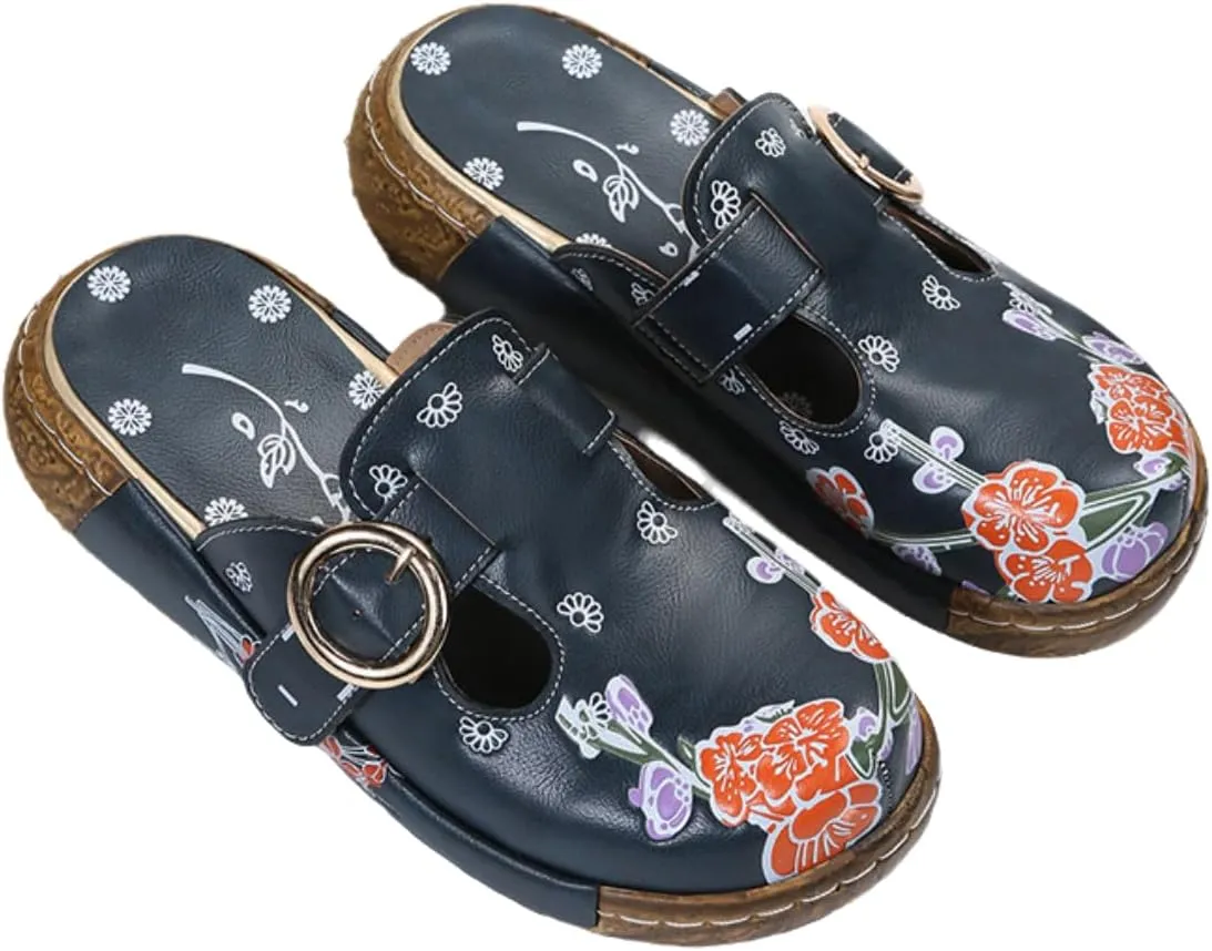 Women's Floral Print Clogs, Buckle Strap Mules, Navy Blue with Orange Flowers, Comfort Slip-On