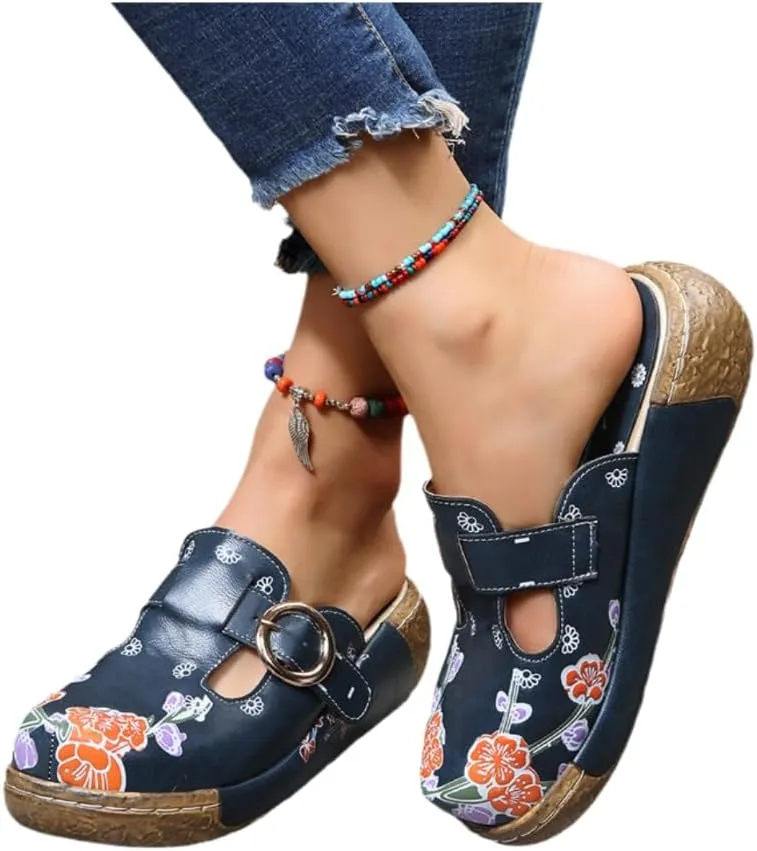 Women's Floral Print Clogs, Buckle Strap Mules, Navy Blue with Orange Flowers, Comfort Slip-On