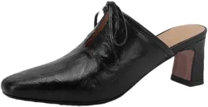 Women’S Genuine Leather Covered Toe Thick High Heel 6.5Cm Square Heel Pull On Concise Style Outdoor Mules