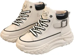 Women's Genuine Leather Lace-Up Platform Sneakers,Outdoor Non-Slip Comfortable High-Top Walking Casual Sneakers