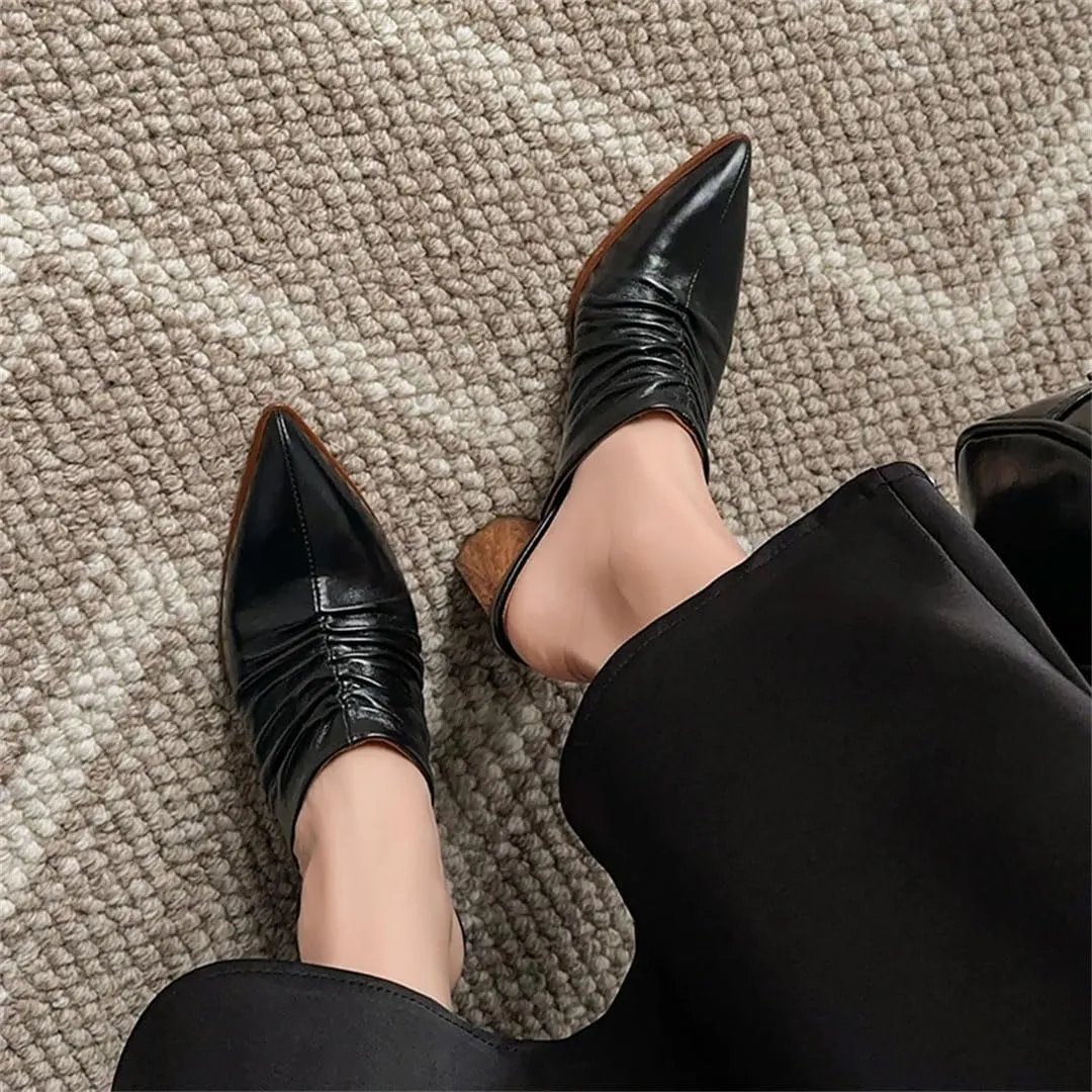 Women’S Genuine Leather Pointed Toe Thick High Heel 7Cm Square Heel Pull On Concise Style Outdoor Mules