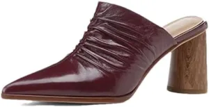 Women’S Genuine Leather Pointed Toe Thick High Heel 7Cm Square Heel Pull On Concise Style Outdoor Mules