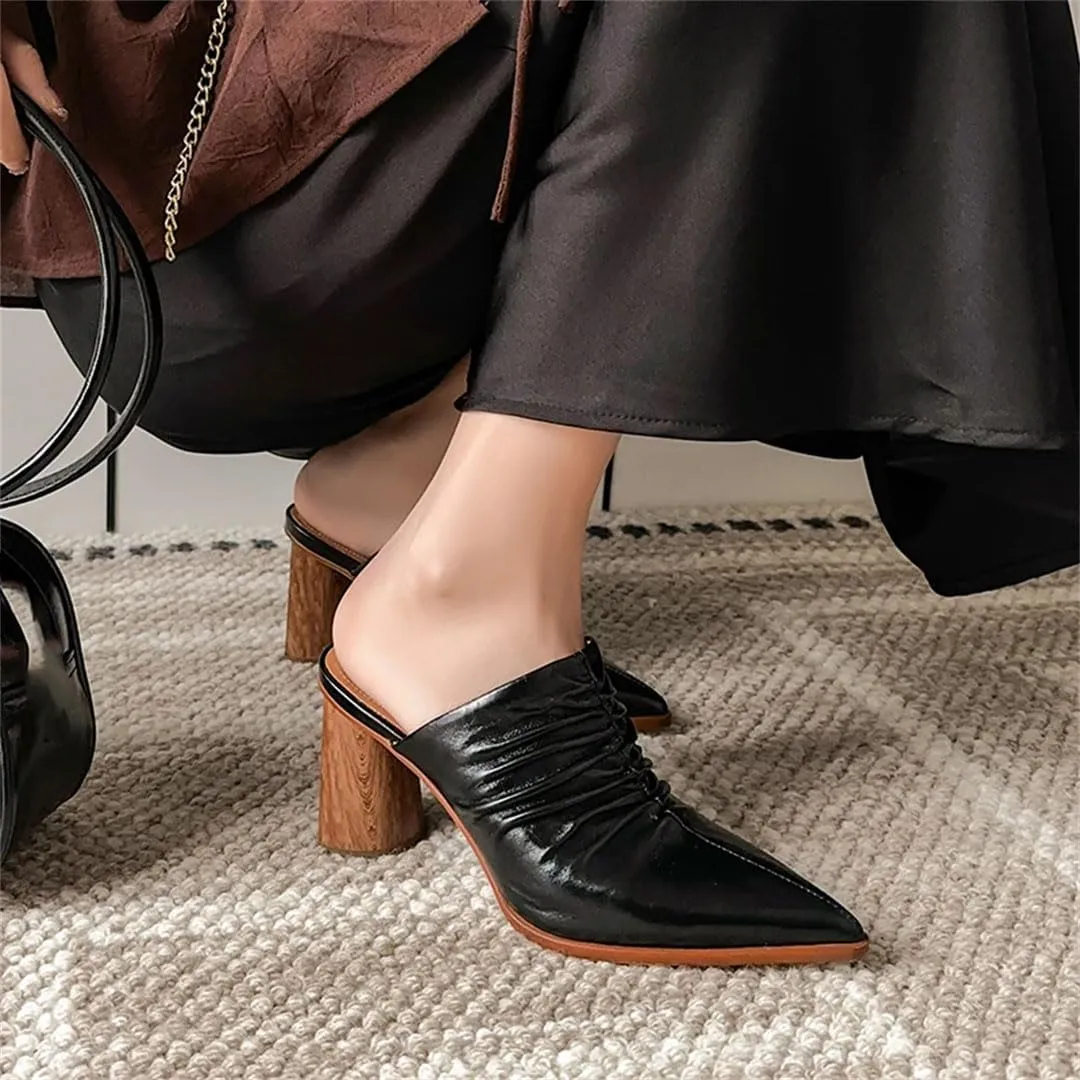Women’S Genuine Leather Pointed Toe Thick High Heel 7Cm Square Heel Pull On Concise Style Outdoor Mules