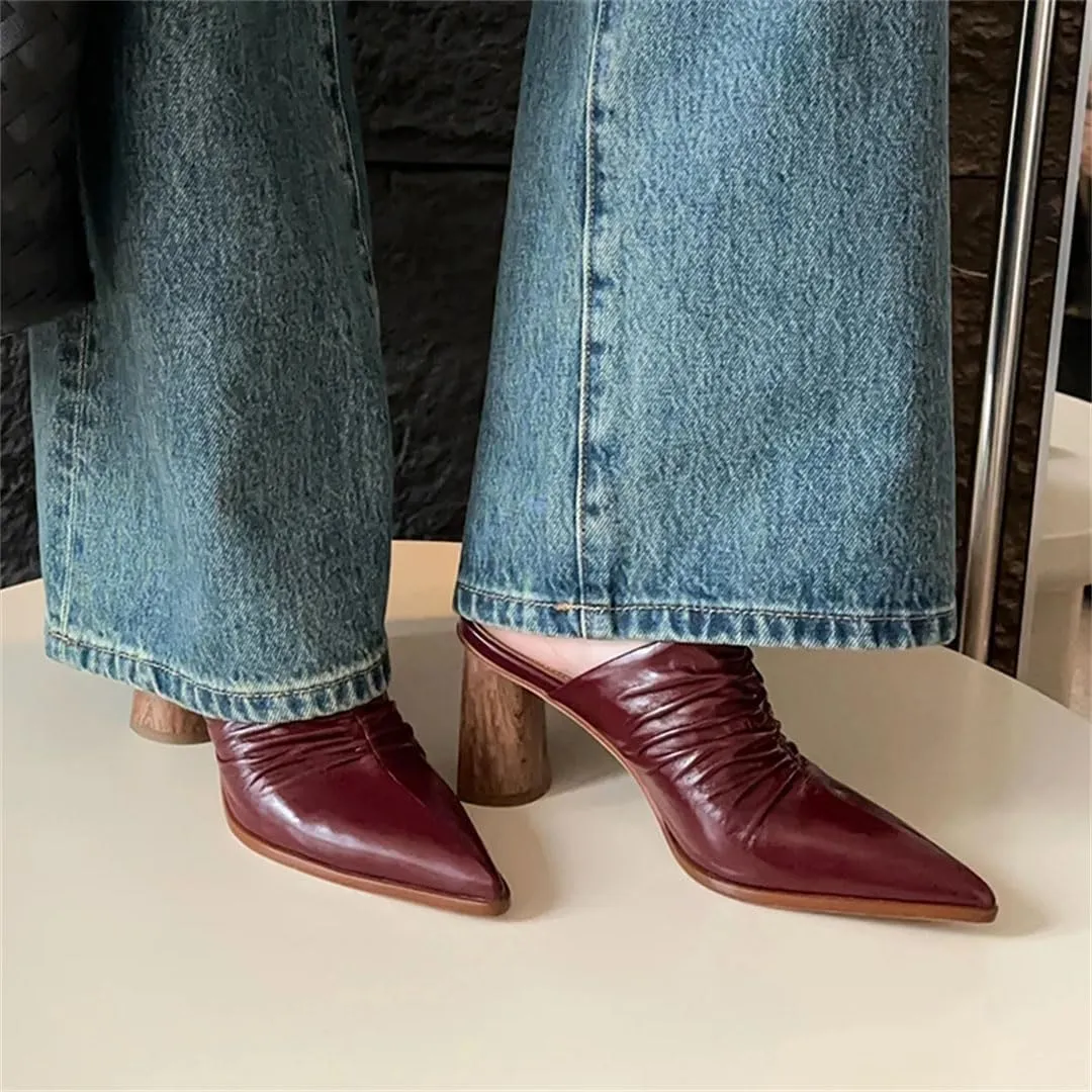 Women’S Genuine Leather Pointed Toe Thick High Heel 7Cm Square Heel Pull On Concise Style Outdoor Mules