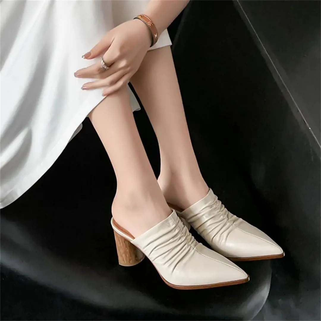Women’S Genuine Leather Pointed Toe Thick High Heel 7Cm Square Heel Pull On Concise Style Outdoor Mules