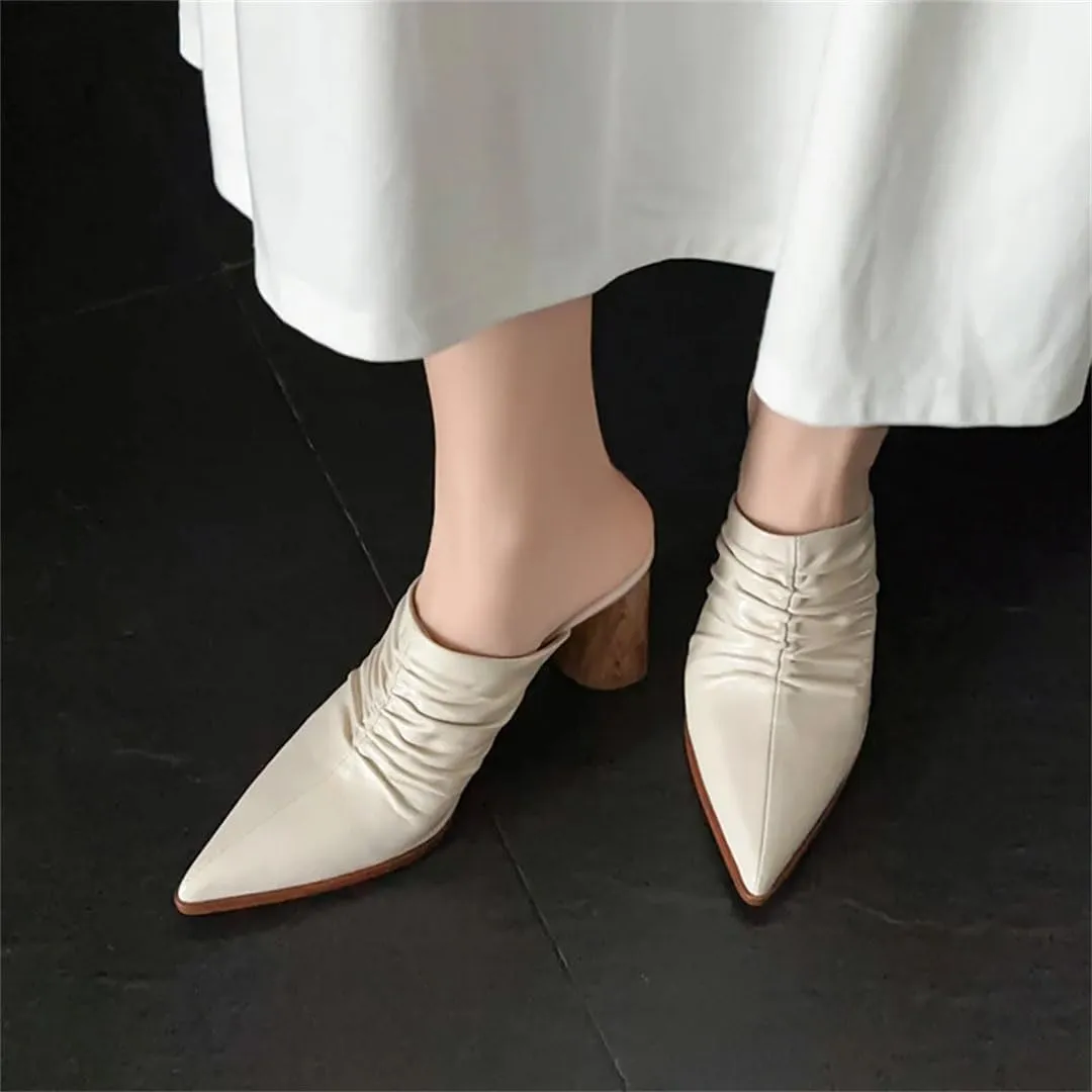 Women’S Genuine Leather Pointed Toe Thick High Heel 7Cm Square Heel Pull On Concise Style Outdoor Mules