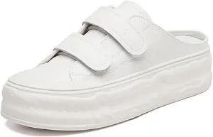 Women's Genuine Leather Wide Toe Platform Clogs Mules with Adjustable Hook and Loop Casual Slip On Chunky Heel Backless Sneakers Summer Outdoor Open Back Closed-Toe Sport Sandals