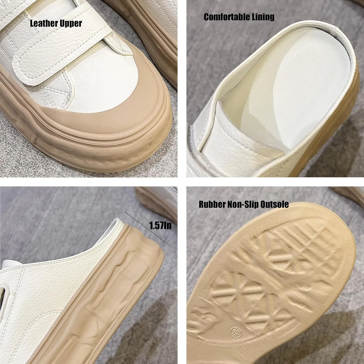 Women's Genuine Leather Wide Toe Platform Clogs Mules with Adjustable Hook and Loop Casual Slip On Chunky Heel Backless Sneakers Summer Outdoor Open Back Closed-Toe Sport Sandals