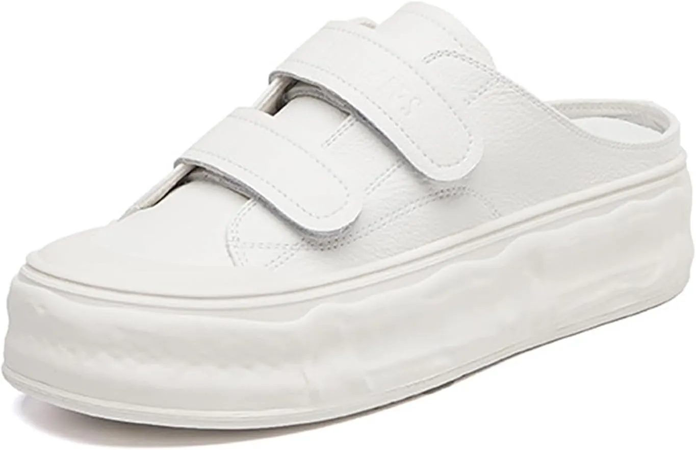 Women's Genuine Leather Wide Toe Platform Clogs Mules with Adjustable Hook and Loop Casual Slip On Chunky Heel Backless Sneakers Summer Outdoor Open Back Closed-Toe Sport Sandals