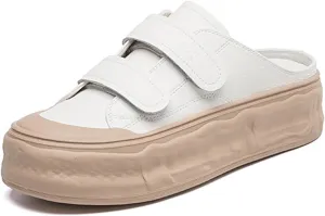 Women's Genuine Leather Wide Toe Platform Clogs Mules with Adjustable Hook and Loop Casual Slip On Chunky Heel Backless Sneakers Summer Outdoor Open Back Closed-Toe Sport Sandals