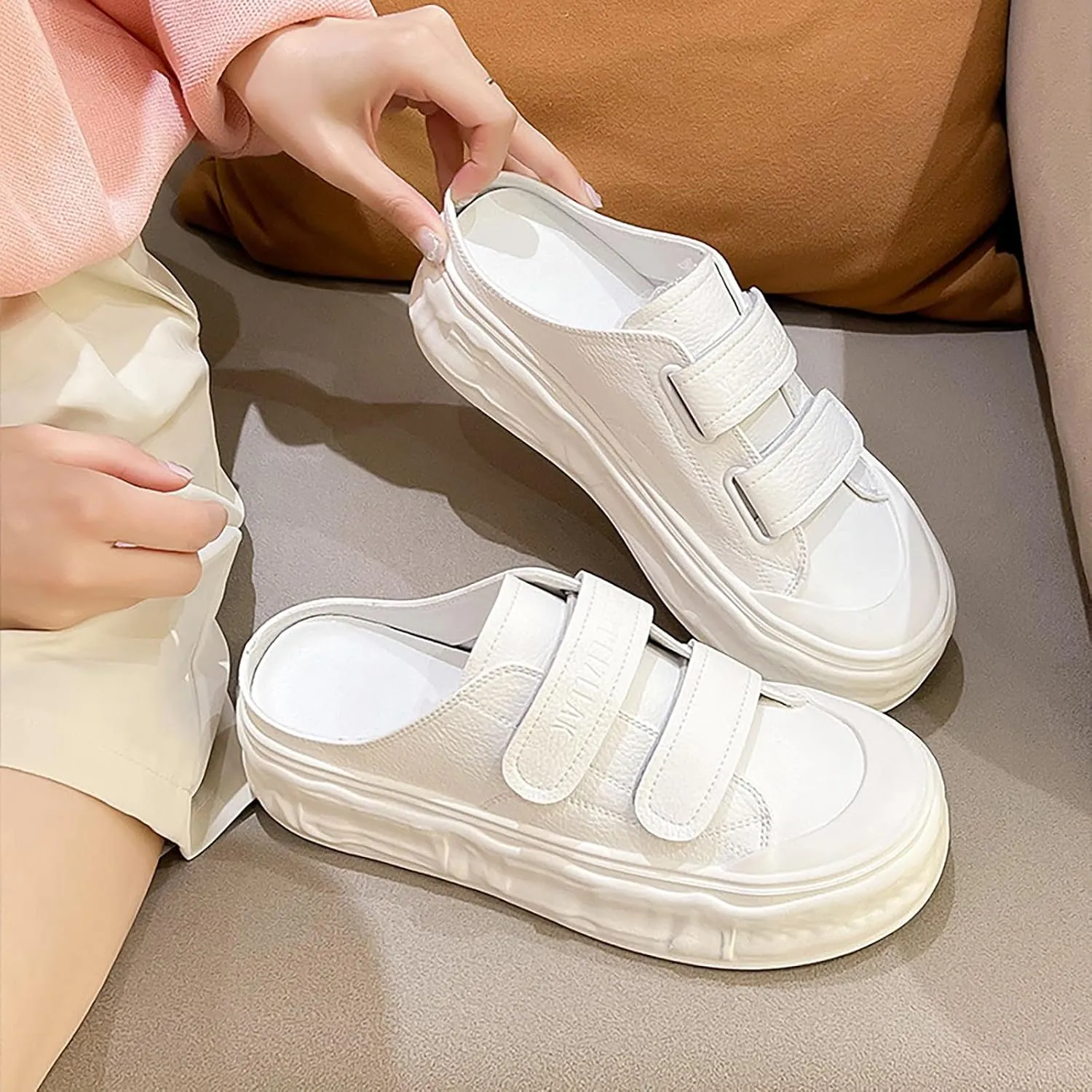 Women's Genuine Leather Wide Toe Platform Clogs Mules with Adjustable Hook and Loop Casual Slip On Chunky Heel Backless Sneakers Summer Outdoor Open Back Closed-Toe Sport Sandals