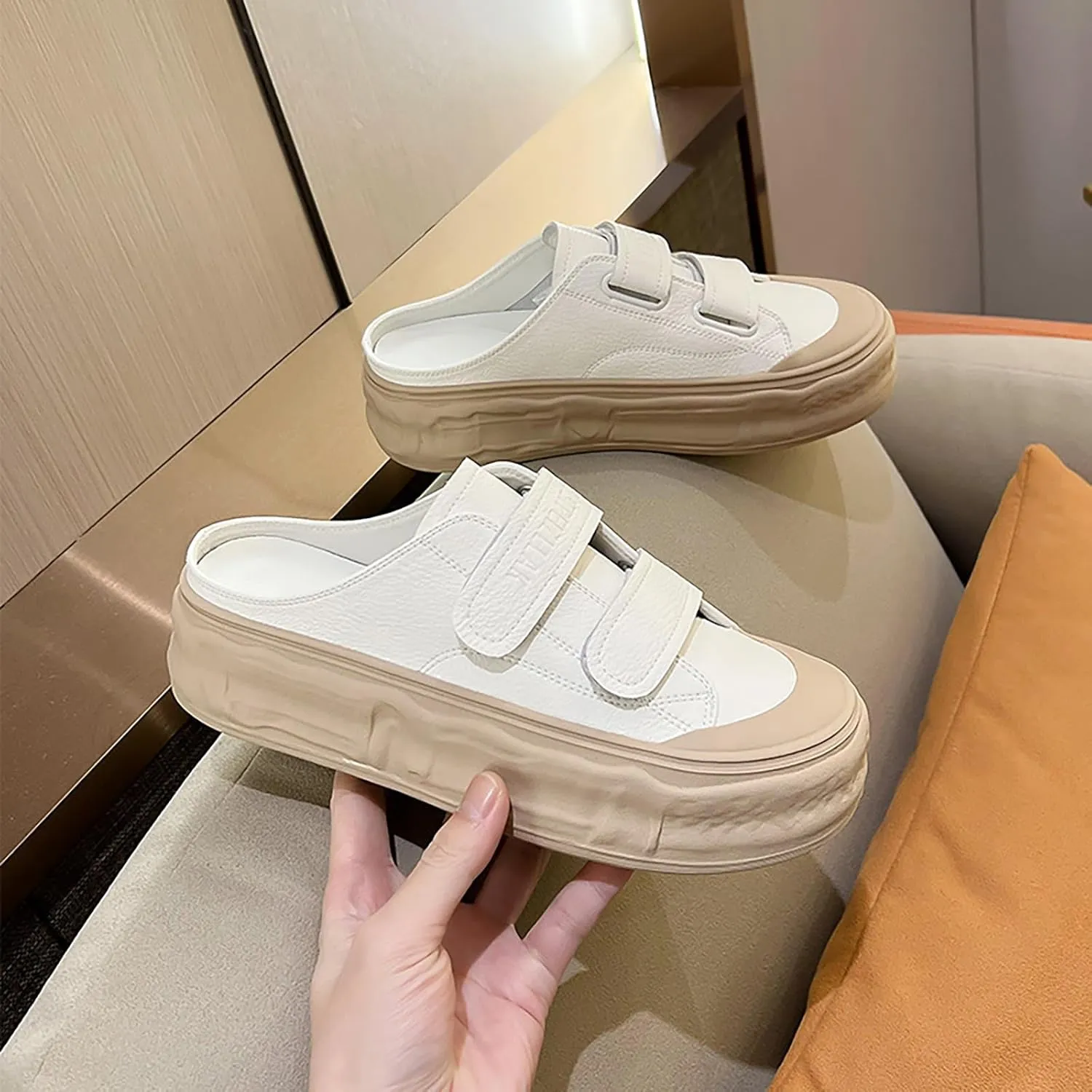 Women's Genuine Leather Wide Toe Platform Clogs Mules with Adjustable Hook and Loop Casual Slip On Chunky Heel Backless Sneakers Summer Outdoor Open Back Closed-Toe Sport Sandals