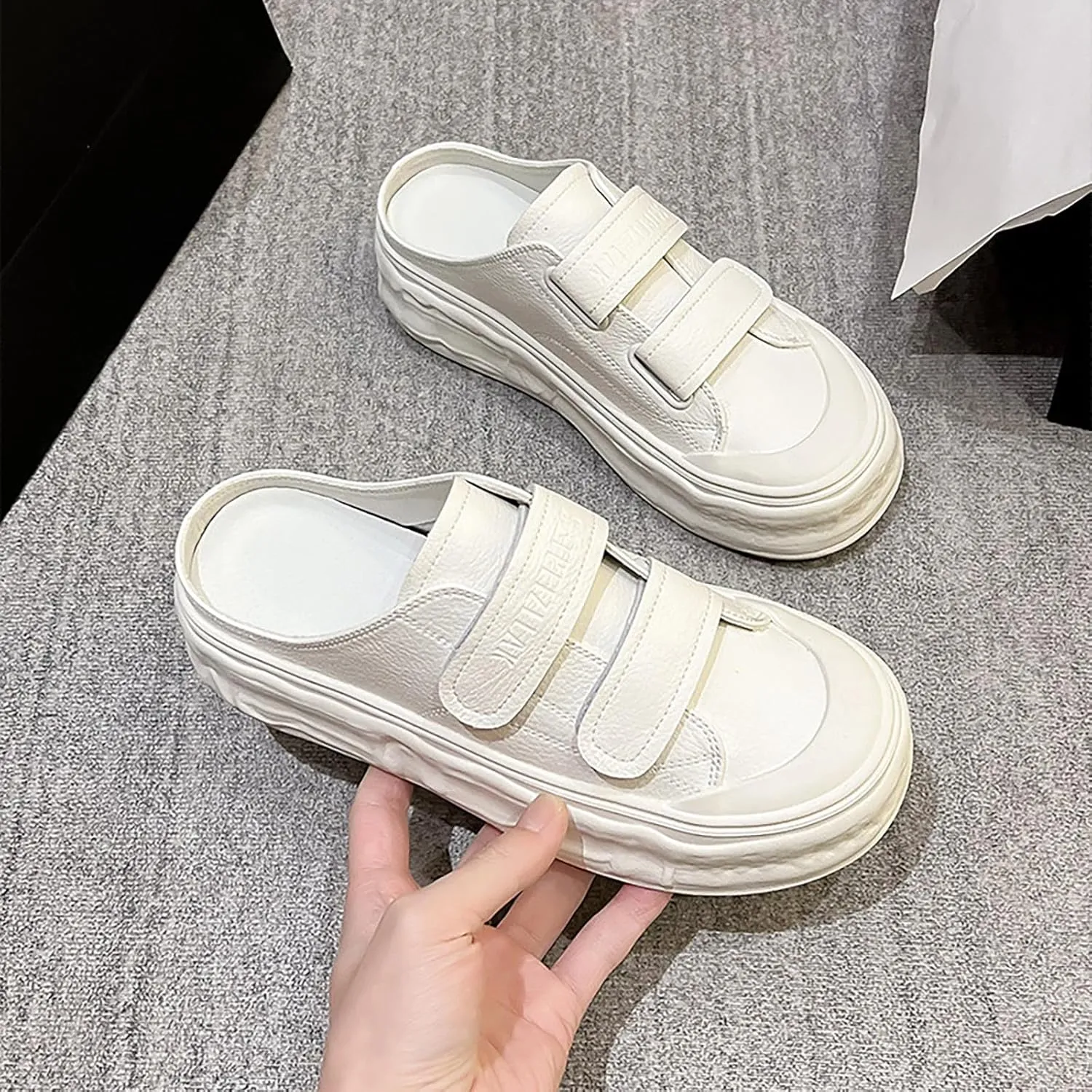 Women's Genuine Leather Wide Toe Platform Clogs Mules with Adjustable Hook and Loop Casual Slip On Chunky Heel Backless Sneakers Summer Outdoor Open Back Closed-Toe Sport Sandals