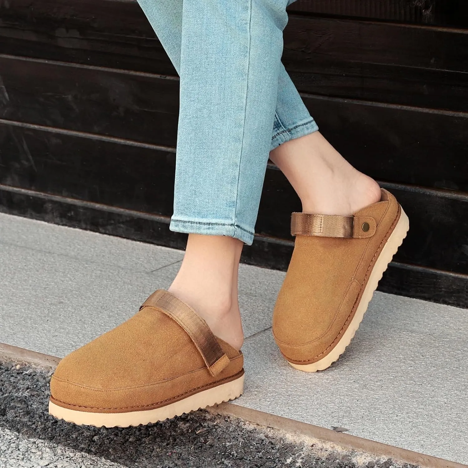 Women’s Genuine Suede Clogs – Platform Mules with Memory Foam, Adjustable Slip-On Sandals, Lightweight Orthopedic Arch Support Sandals, Indoor/Outdoor Slides Footwear
