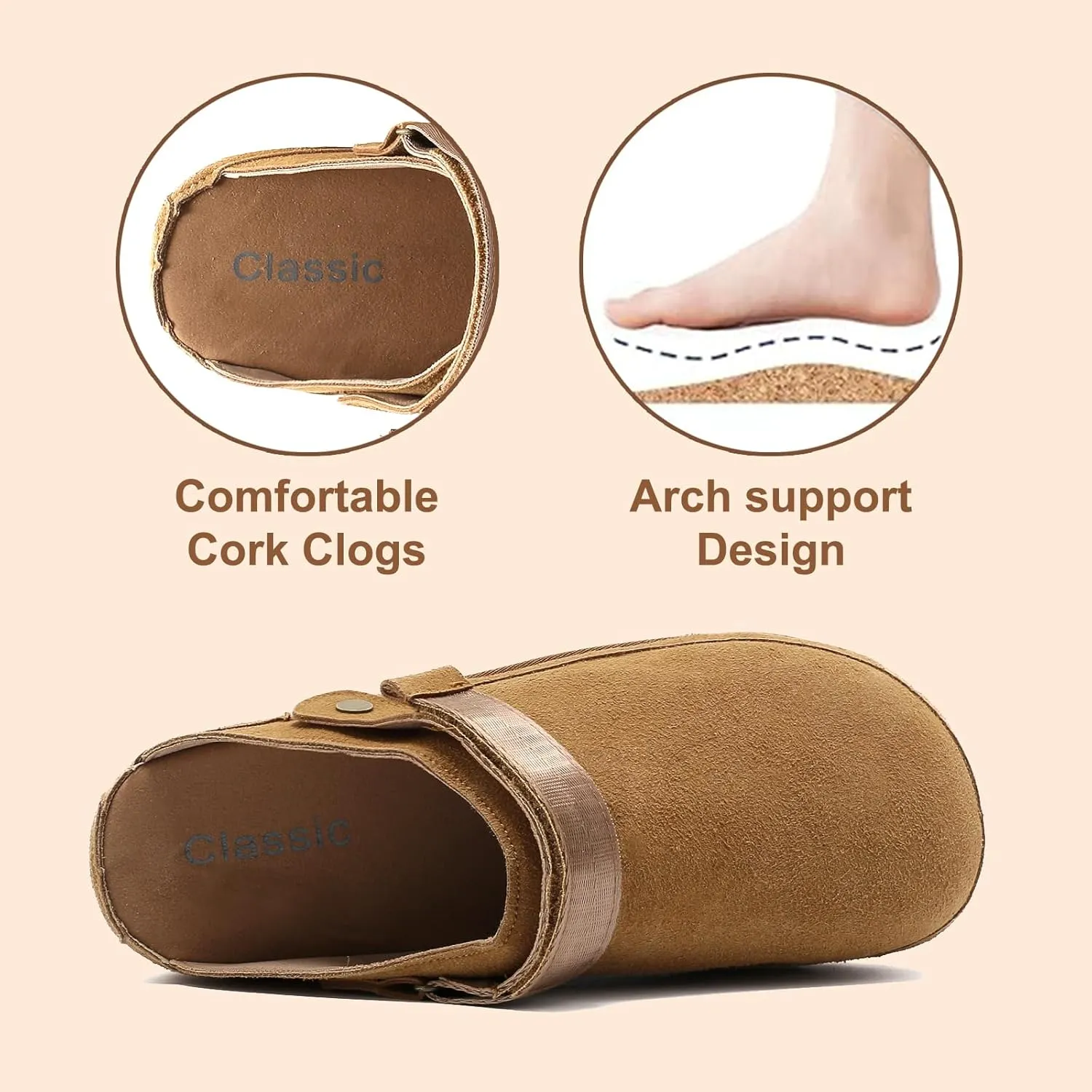 Women’s Genuine Suede Clogs – Platform Mules with Memory Foam, Adjustable Slip-On Sandals, Lightweight Orthopedic Arch Support Sandals, Indoor/Outdoor Slides Footwear