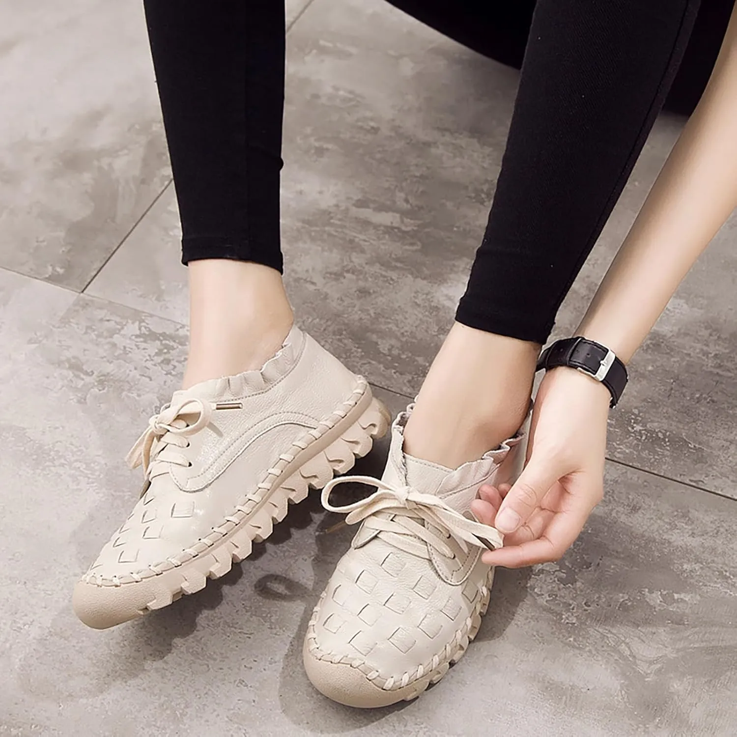 Women's Hand Stitching Lace-up Flat Loafers,Comfortable Classic Woven SOFE Leather Round Toe Non-Slip Breathable Mom Shoes Leisure Walk Soft Sole Driving Shoes