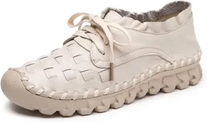 Women's Hand Stitching Lace-up Flat Loafers,Comfortable Classic Woven SOFE Leather Round Toe Non-Slip Breathable Mom Shoes Leisure Walk Soft Sole Driving Shoes