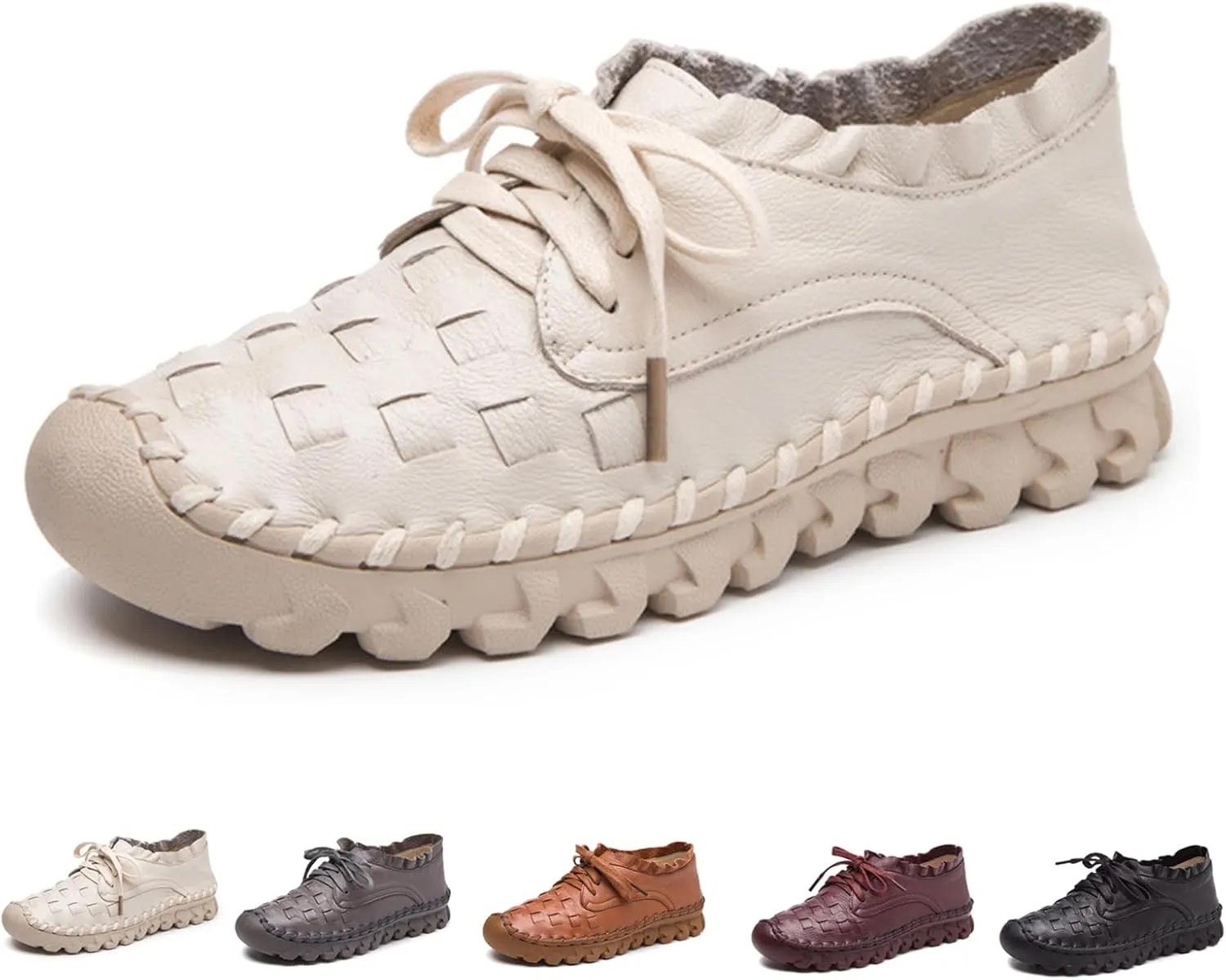 Women's Hand Stitching Lace-up Flat Loafers,Comfortable Classic Woven SOFE Leather Round Toe Non-Slip Breathable Mom Shoes Leisure Walk Soft Sole Driving Shoes