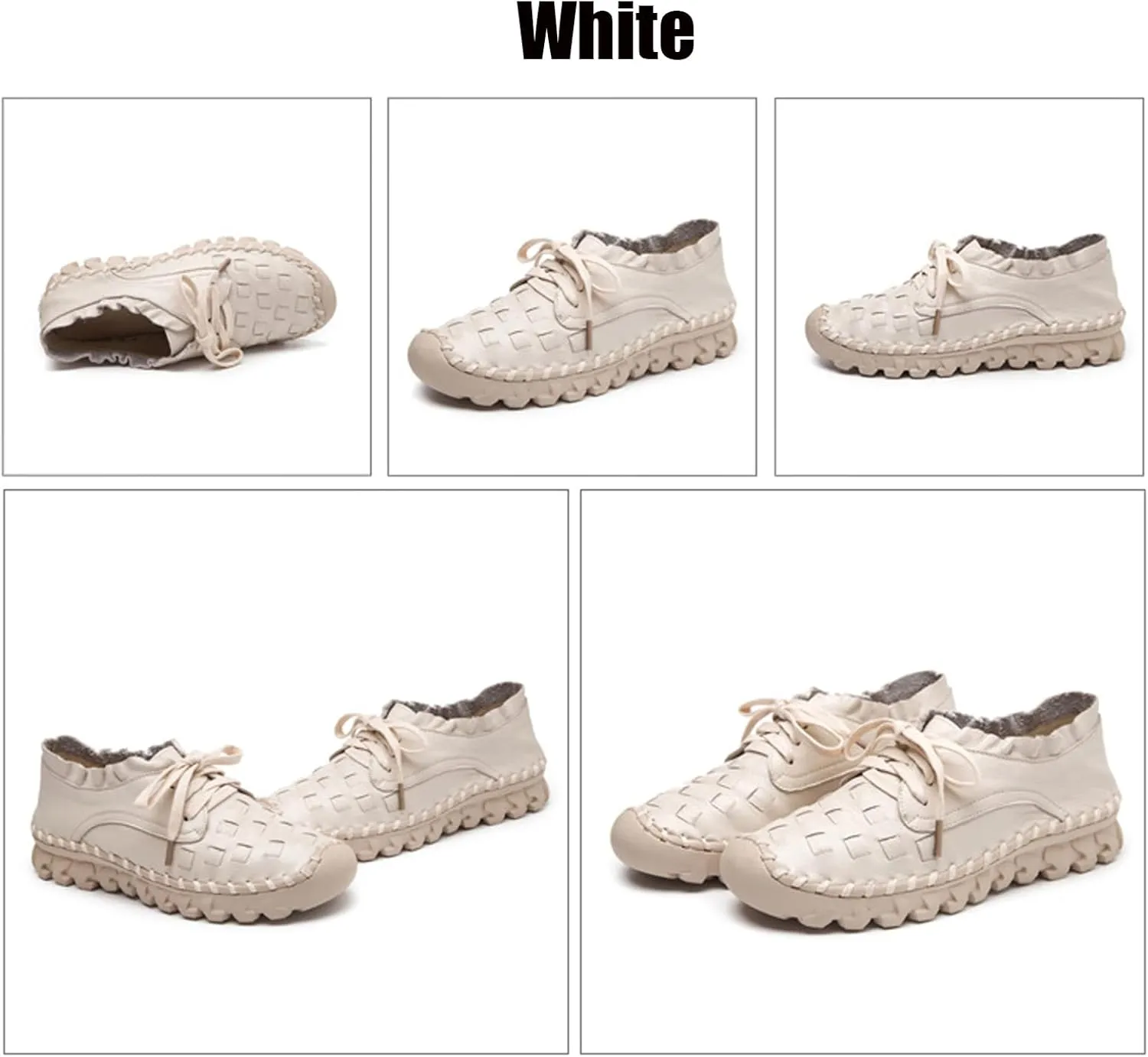 Women's Hand Stitching Lace-up Flat Loafers,Comfortable Classic Woven SOFE Leather Round Toe Non-Slip Breathable Mom Shoes Leisure Walk Soft Sole Driving Shoes