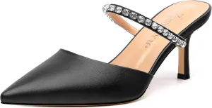 Women's Heeled Mules Rhinestone Strap Pointed Toe Pumps Stiletto Mid Heels Slip On Wedding Party Sandals for Women 2.5 Inch