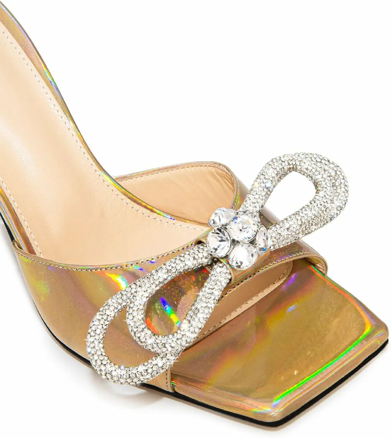 Women's Heeled Sandals Double Rhinestones Bow Satin Mules Square Open Toe Slip on Stilettos Clear Heels Wedding Party Dress Shoes