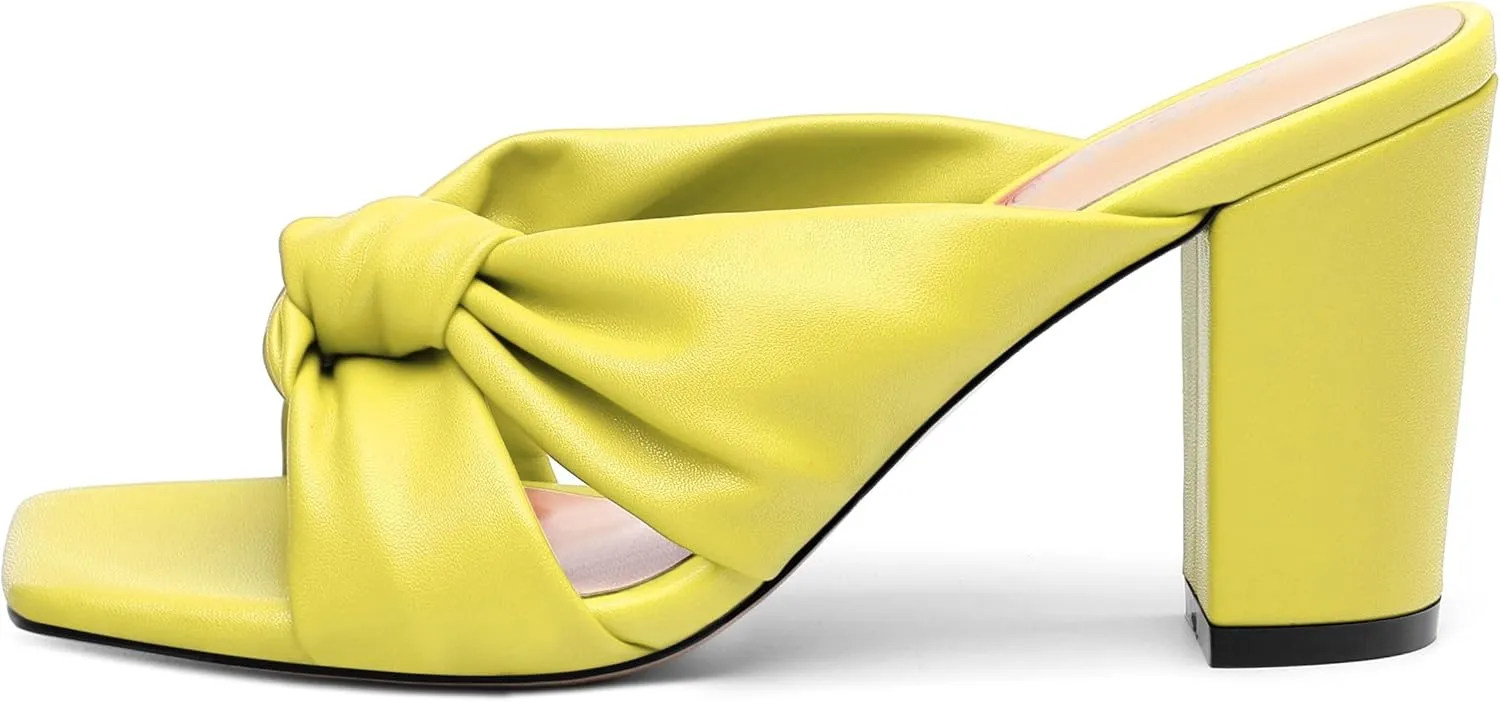 Women's High Heeled Square Toe Slip On Sandals, Puffy Knot Chunky Heel Open Toe Sandals for women, Summer Party Prom Shoes