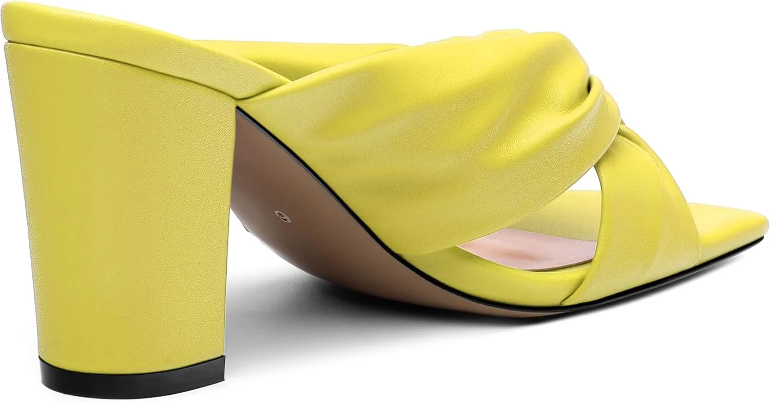 Women's High Heeled Square Toe Slip On Sandals, Puffy Knot Chunky Heel Open Toe Sandals for women, Summer Party Prom Shoes