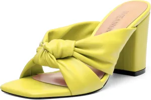 Women's High Heeled Square Toe Slip On Sandals, Puffy Knot Chunky Heel Open Toe Sandals for women, Summer Party Prom Shoes