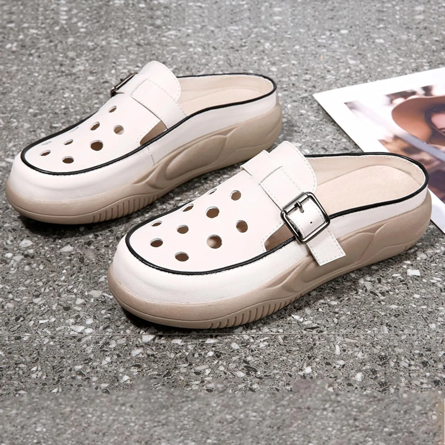 Women's Hollow Increase Height Platform Mules,Breathable Comfortable Closed Round Toe Slip On Summer Slipper with Adjustable Buckle Outdoor Beach Casual Walking Shoes