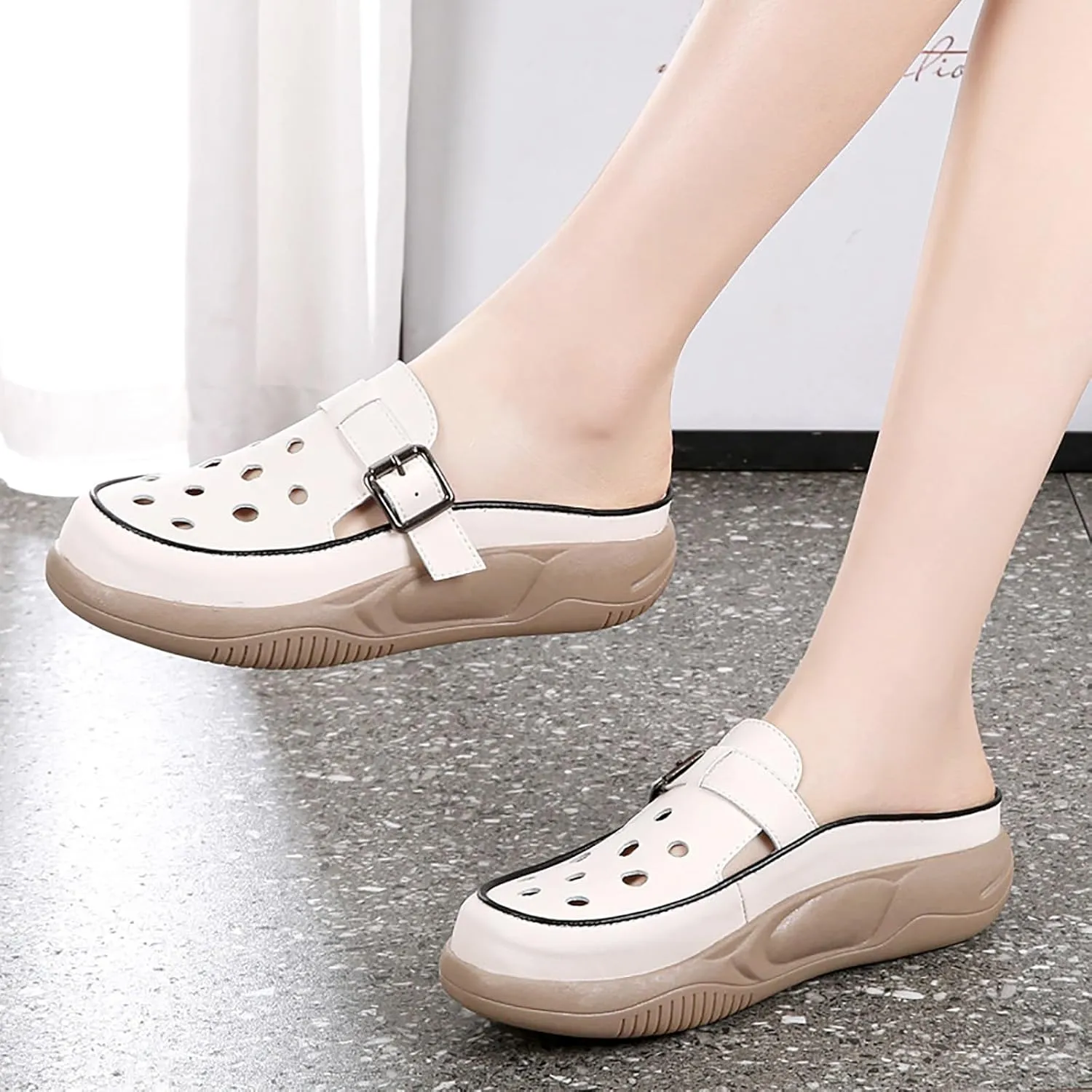 Women's Hollow Increase Height Platform Mules,Breathable Comfortable Closed Round Toe Slip On Summer Slipper with Adjustable Buckle Outdoor Beach Casual Walking Shoes