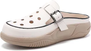Women's Hollow Increase Height Platform Mules,Breathable Comfortable Closed Round Toe Slip On Summer Slipper with Adjustable Buckle Outdoor Beach Casual Walking Shoes
