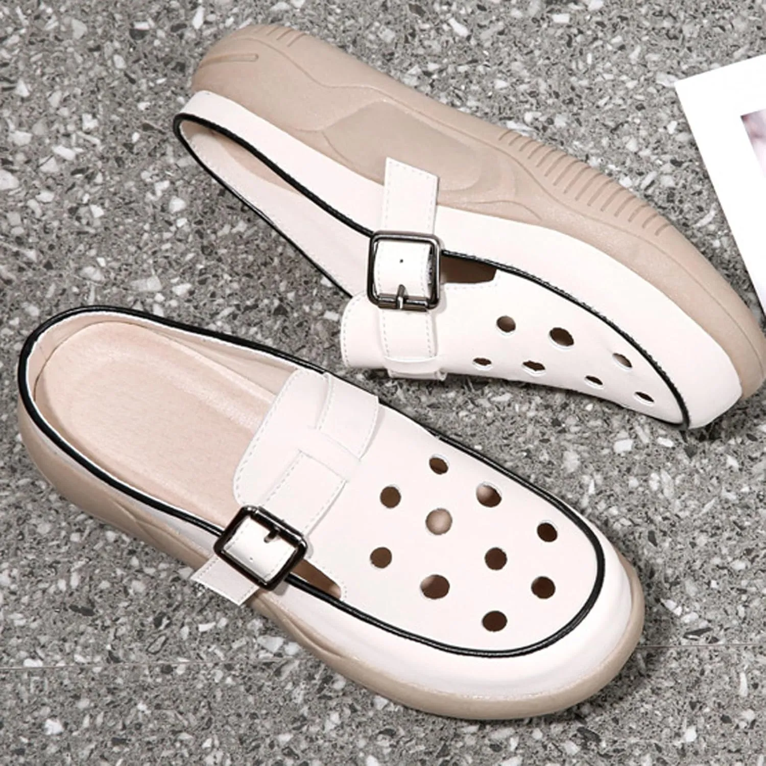 Women's Hollow Increase Height Platform Mules,Breathable Comfortable Closed Round Toe Slip On Summer Slipper with Adjustable Buckle Outdoor Beach Casual Walking Shoes