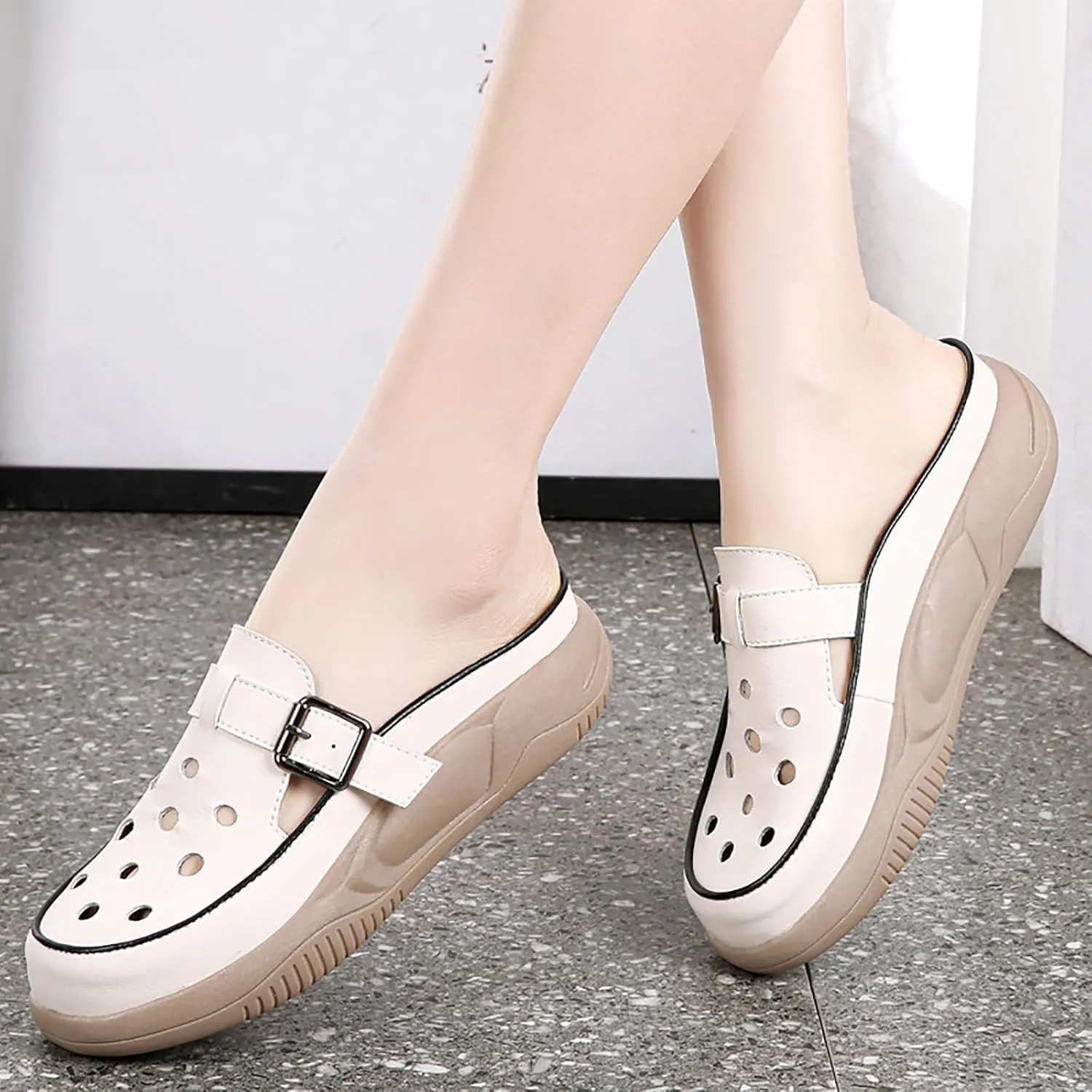 Women's Hollow Increase Height Platform Mules,Breathable Comfortable Closed Round Toe Slip On Summer Slipper with Adjustable Buckle Outdoor Beach Casual Walking Shoes