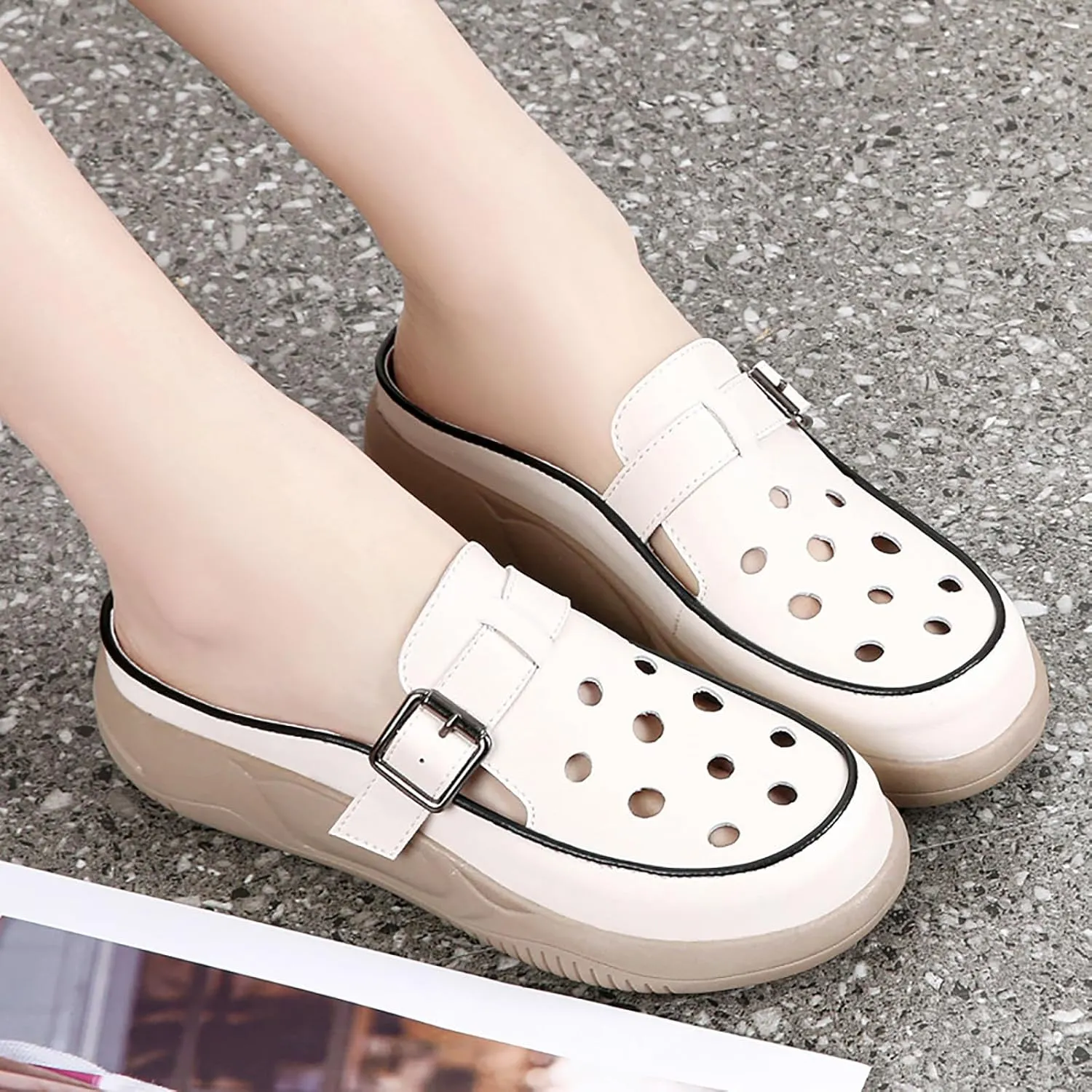 Women's Hollow Increase Height Platform Mules,Breathable Comfortable Closed Round Toe Slip On Summer Slipper with Adjustable Buckle Outdoor Beach Casual Walking Shoes