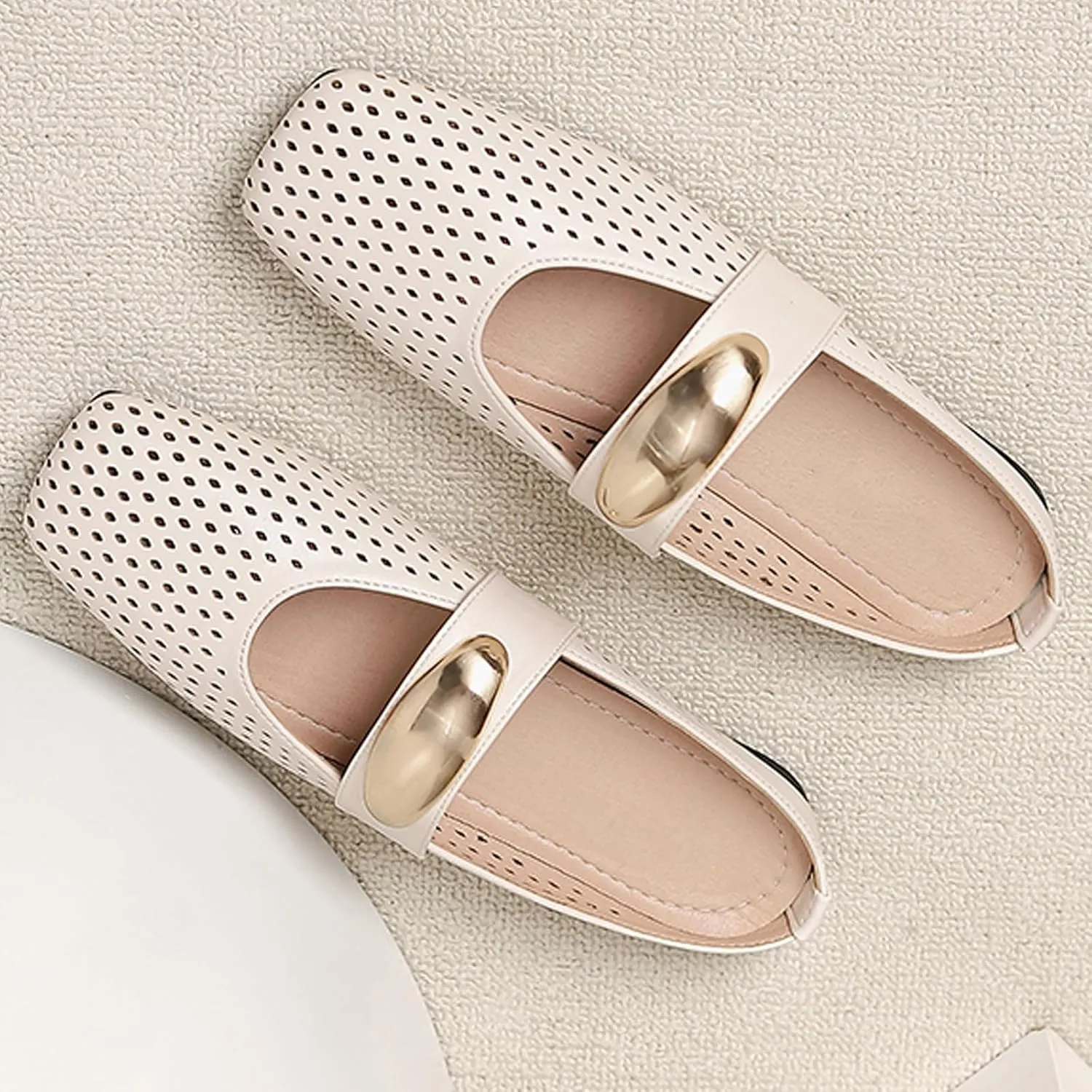Women's Hollow Leather Flat Mules with Metal Buckle Square Toe Slingback Slip-On Mary Jane Flats Lightweight Comfortable Non-Slip Slippers for Office & Casual Wear