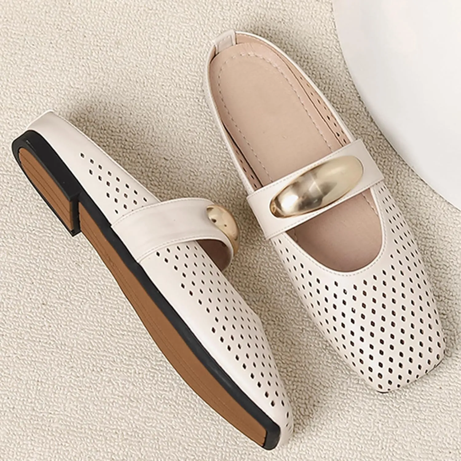 Women's Hollow Leather Flat Mules with Metal Buckle Square Toe Slingback Slip-On Mary Jane Flats Lightweight Comfortable Non-Slip Slippers for Office & Casual Wear