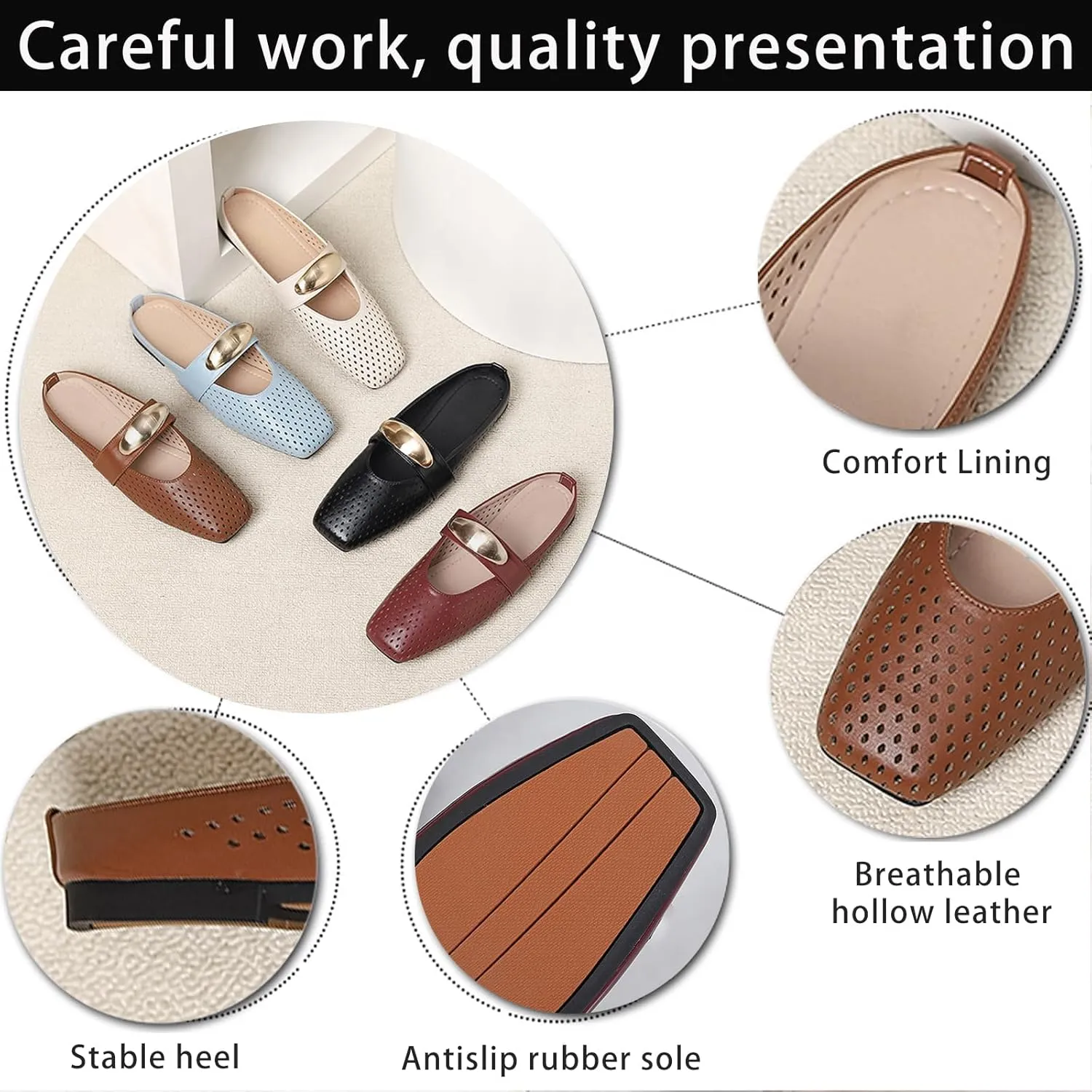 Women's Hollow Leather Flat Mules with Metal Buckle Square Toe Slingback Slip-On Mary Jane Flats Lightweight Comfortable Non-Slip Slippers for Office & Casual Wear