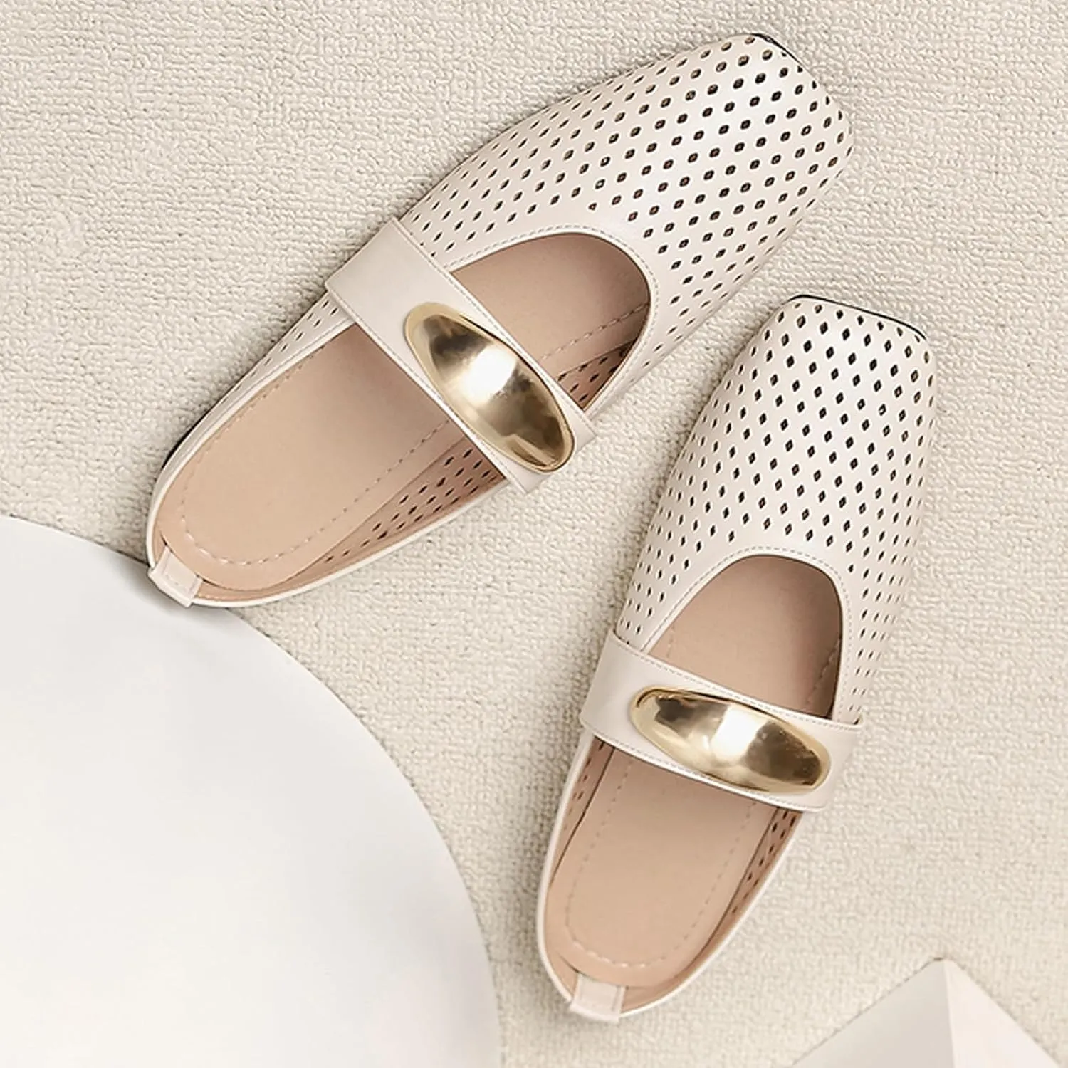 Women's Hollow Leather Flat Mules with Metal Buckle Square Toe Slingback Slip-On Mary Jane Flats Lightweight Comfortable Non-Slip Slippers for Office & Casual Wear