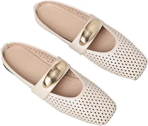 Women's Hollow Leather Flat Mules with Metal Buckle Square Toe Slingback Slip-On Mary Jane Flats Lightweight Comfortable Non-Slip Slippers for Office & Casual Wear